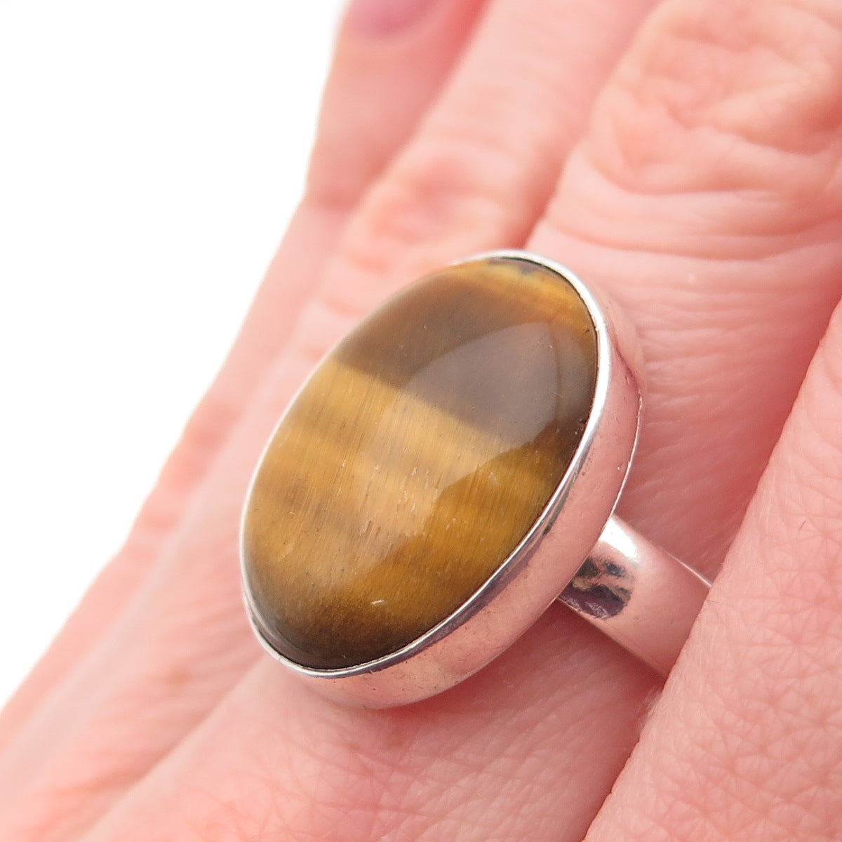 925 Sterling Silver Vintage Real Cabochon Tiger Eye Modernist Ring Size 7