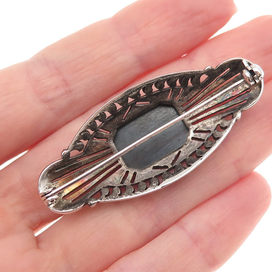 925 Sterling Silver Antique Art Deco Germany Real Hematite Marcasite Pin Brooch