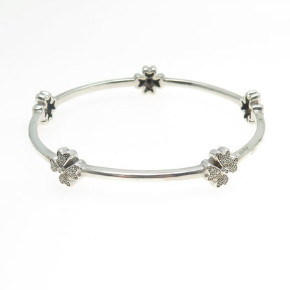 925 Sterling Silver Real Round-Cut Diamond Floral Bangle Bracelet 7.25"