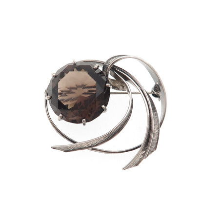 925 Sterling Silver Vintage Real Smoky Quartz Modernist Oxidized Pin Brooch