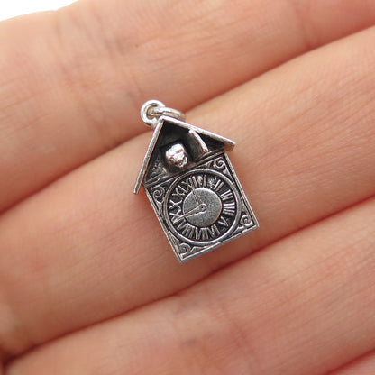 925 Sterling Silver Antique Art Deco Cuckoo Clock Oxidized Mini Charm Pendant