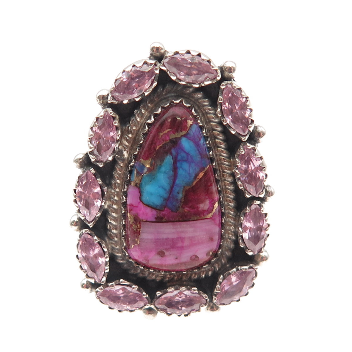 925 Sterling Vintage Real Pink Spiny Oyster Turquoise C Z Adjustable Ring Size 8