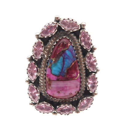 925 Sterling Vintage Real Pink Spiny Oyster Turquoise C Z Adjustable Ring Size 8