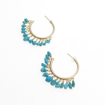 925 Sterling Silver Gold Plated Real Turquoise Beads Hoop Earrings