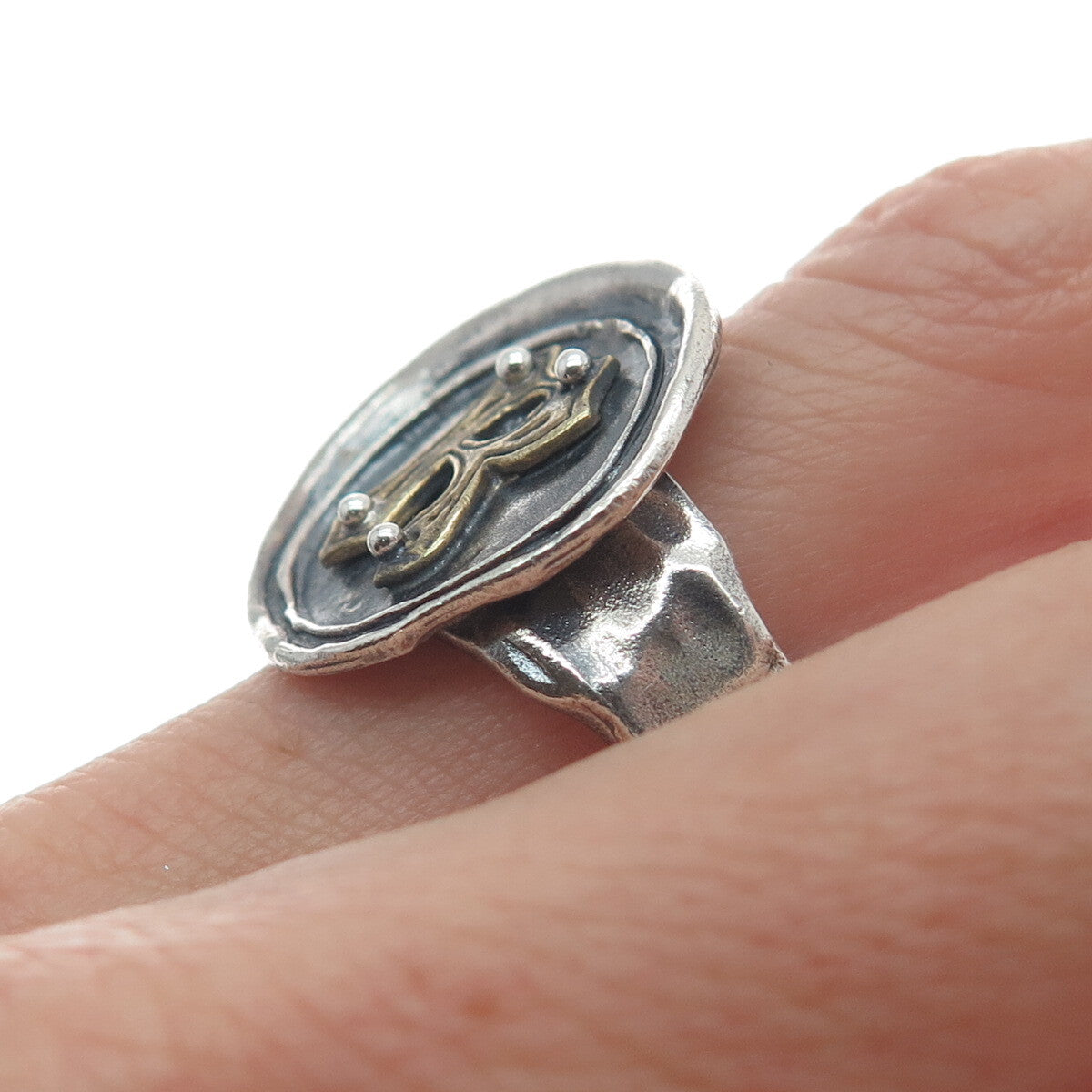 WAXING POETIC Sterling Silver 2-Tone Vintage Letter "R" Hammered Ring Size 8.25