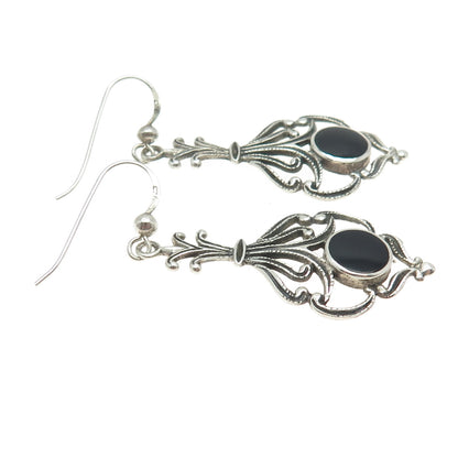 925 Sterling Silver Vintage Real Black Onyx Art Deco Style Dangle Earrings