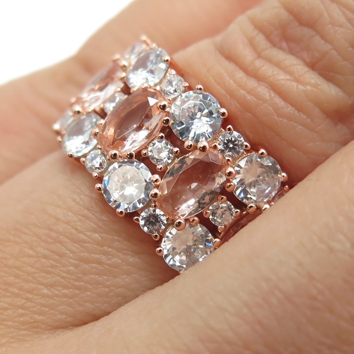 925 Sterling Silver Rose Gold Plated Real Morganite & C Z Wide Band Ring Size 7