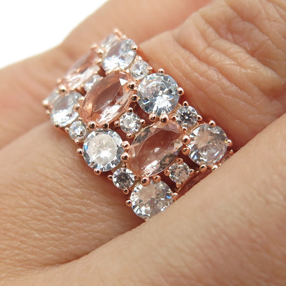 925 Sterling Silver Rose Gold Plated Real Morganite & C Z Wide Band Ring Size 7