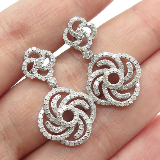 925 Sterling Silver Real Round-Cut Diamond Flower Dangling Earrings