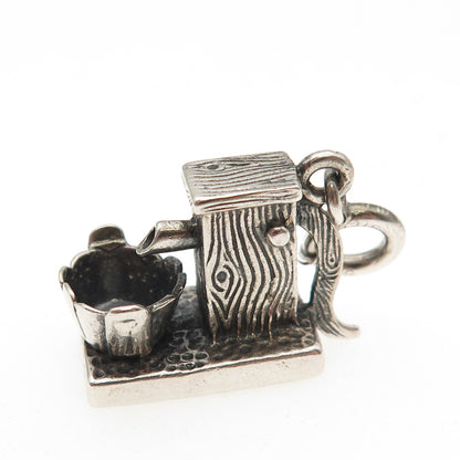 925 Sterling Silver Vintage Water Pump & Bucket Spring Ring Lock 3D Mini Pendant