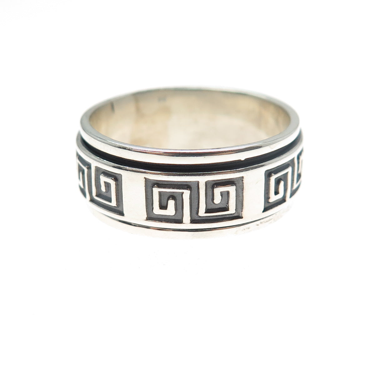 950 Silver Vintage Greek Maze Oxidized Rotating Band Ring Size 10