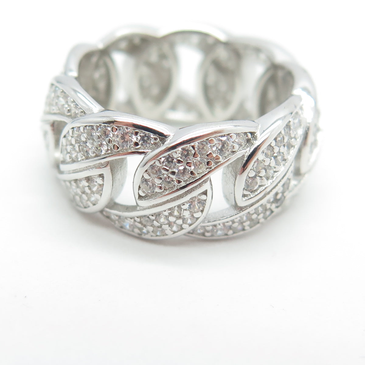 925 Sterling Silver Pave C Z Cuban Chain Band Ring Size 5.5