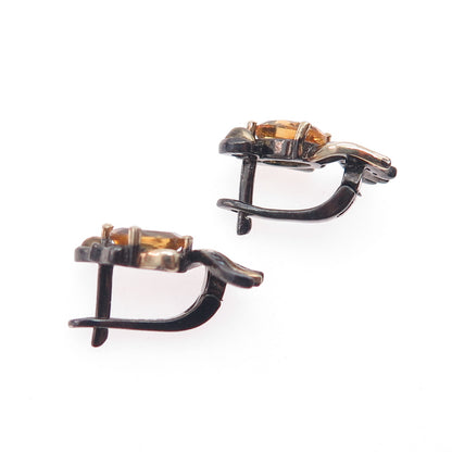 925 Sterling Silver Black Rhodium 2-Tone Vintage Real Citrine & C Z Earrings