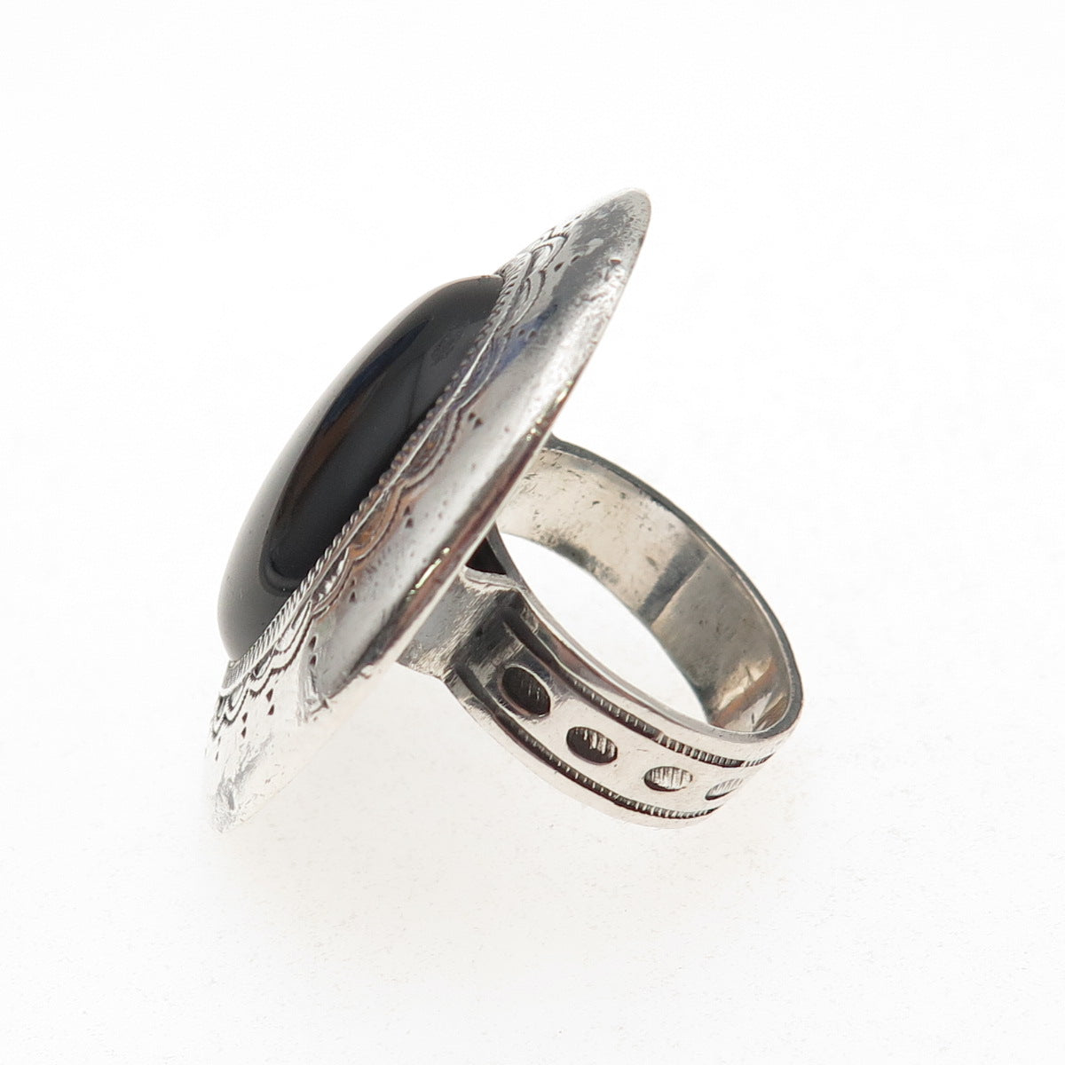 925 Sterling Silver Vintage Mexico Black Onyx Oxidized Statement Ring Size 8.5