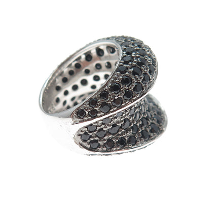 925 Sterling Silver Real Round-Cut Black Spinel Modernist Wavy Ring Size 5.25