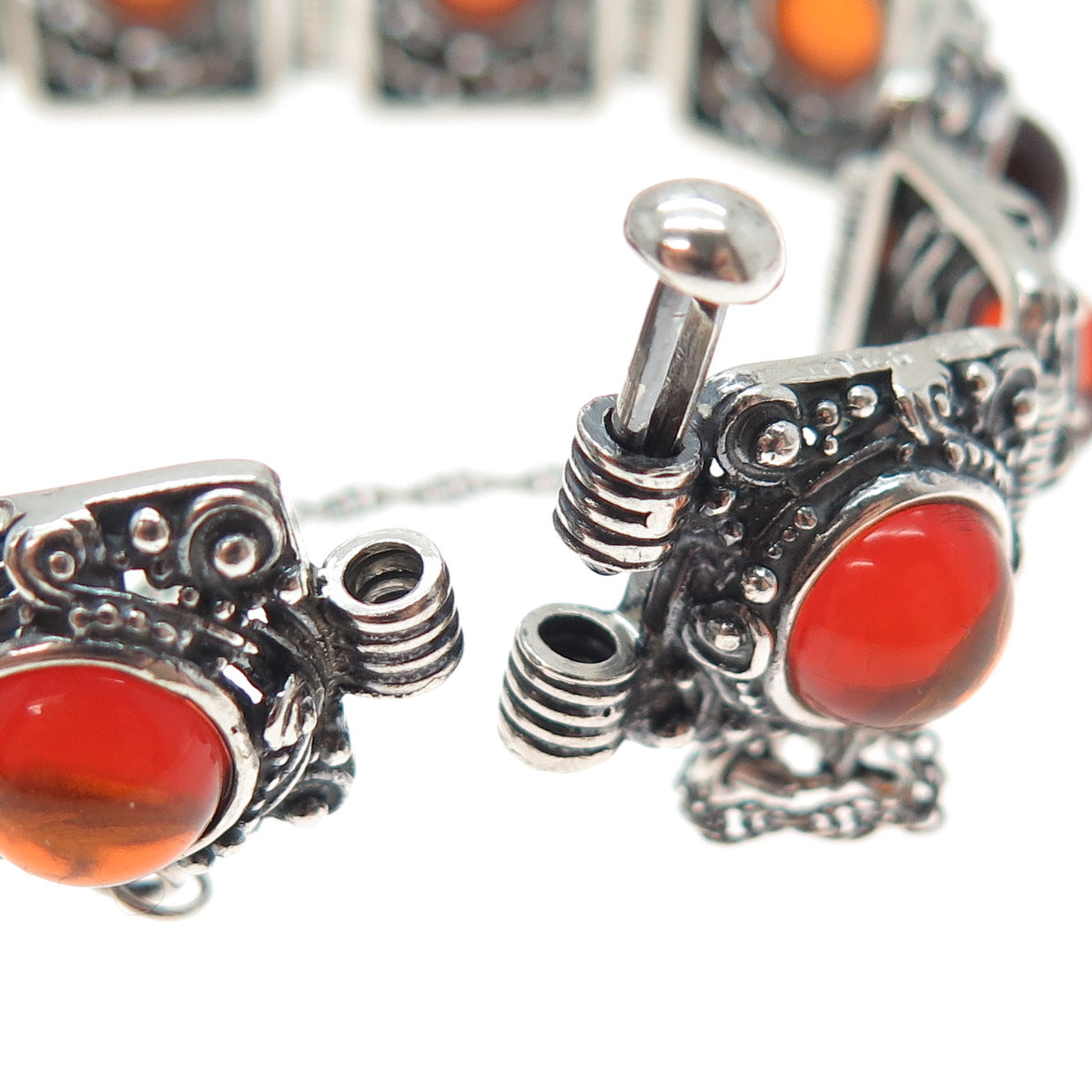 925 Sterling Silver Vintage Poland Real Amber Granulated Oxidized Bracelet 7.75"