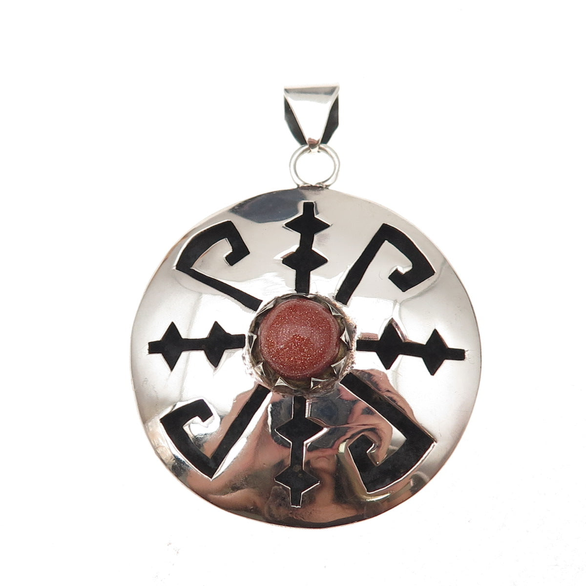 925 Sterling Silver Vintage Mexico Real Goldstone Aztec Shadow Box Pendant