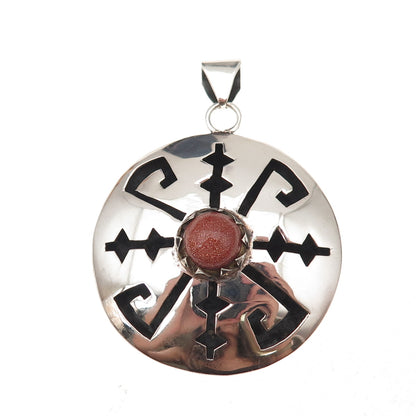 925 Sterling Silver Vintage Mexico Real Goldstone Aztec Shadow Box Pendant