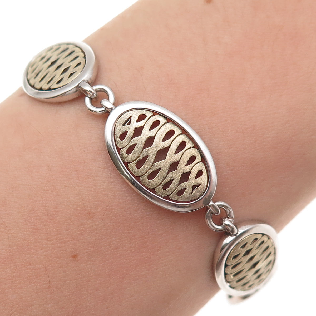 925 Sterling Silver 2-Tone Vintage G Poland Infinity Panel Link Bracelet 7.5"