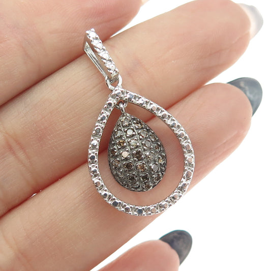 925 Sterling Silver Real Round-Cut Cognac Diamond Teardrop Pendant