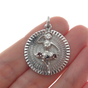 925 Sterling Silver Antique Art Deco Blue & Red Rhinestone Ballerina Pendant