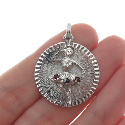925 Sterling Silver Antique Art Deco Blue & Red Rhinestone Ballerina Pendant
