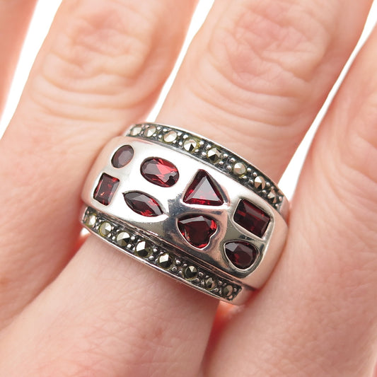 925 Sterling Silver Vintage Real Red Garnet & Marcasite Ring Size 8.5