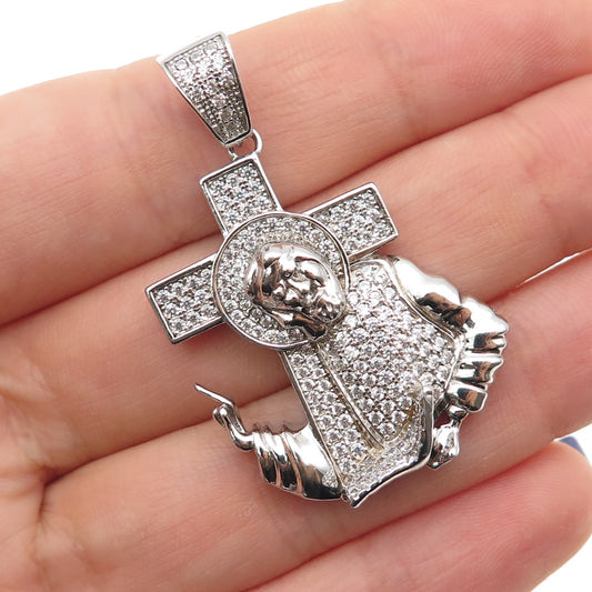 925 Sterling Silver Round-Cut C Z Jesus & Cross Charm Pendant