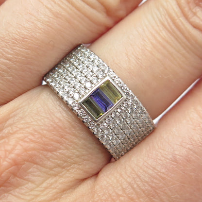 925 Sterling Silver Multi-Color C Z Wide Band Ring Size 7.25