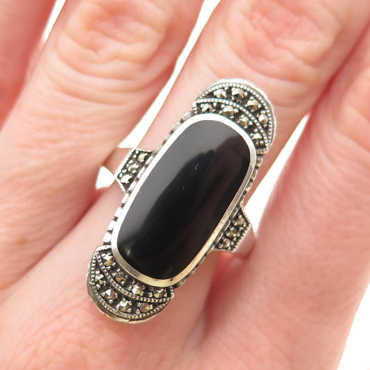 925 Sterling Silver Vintage Real Black Onyx & Marcasite Oxidized Ring Size 10.5