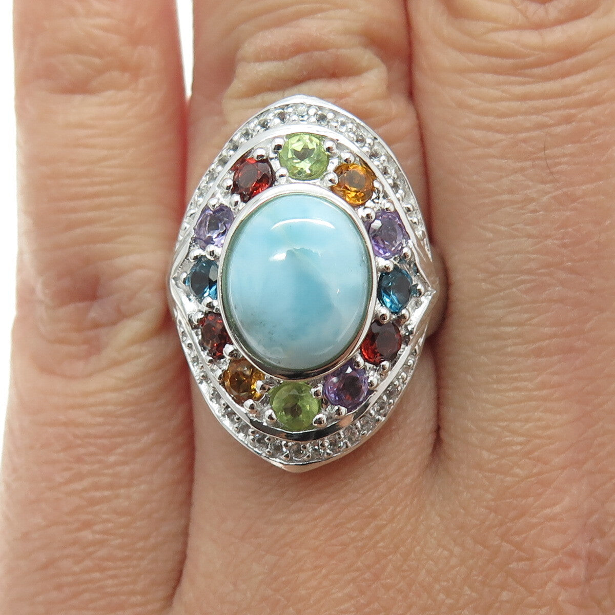 KN Kajal Naina Sterling Larimar Topaz Citrine Amethyst & Peridot Ring Size 5.75