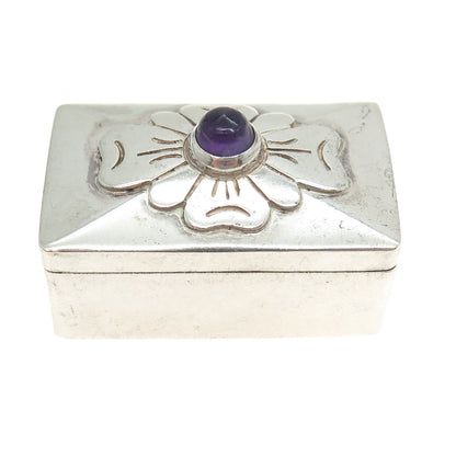 DAMASO GALLEGOS Sterling Silver Vintage Mexico Amethyst Flower Pill Snuff Box