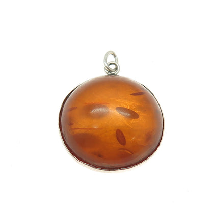 925 Sterling Silver Vintage Real Amber Modernist Pendant