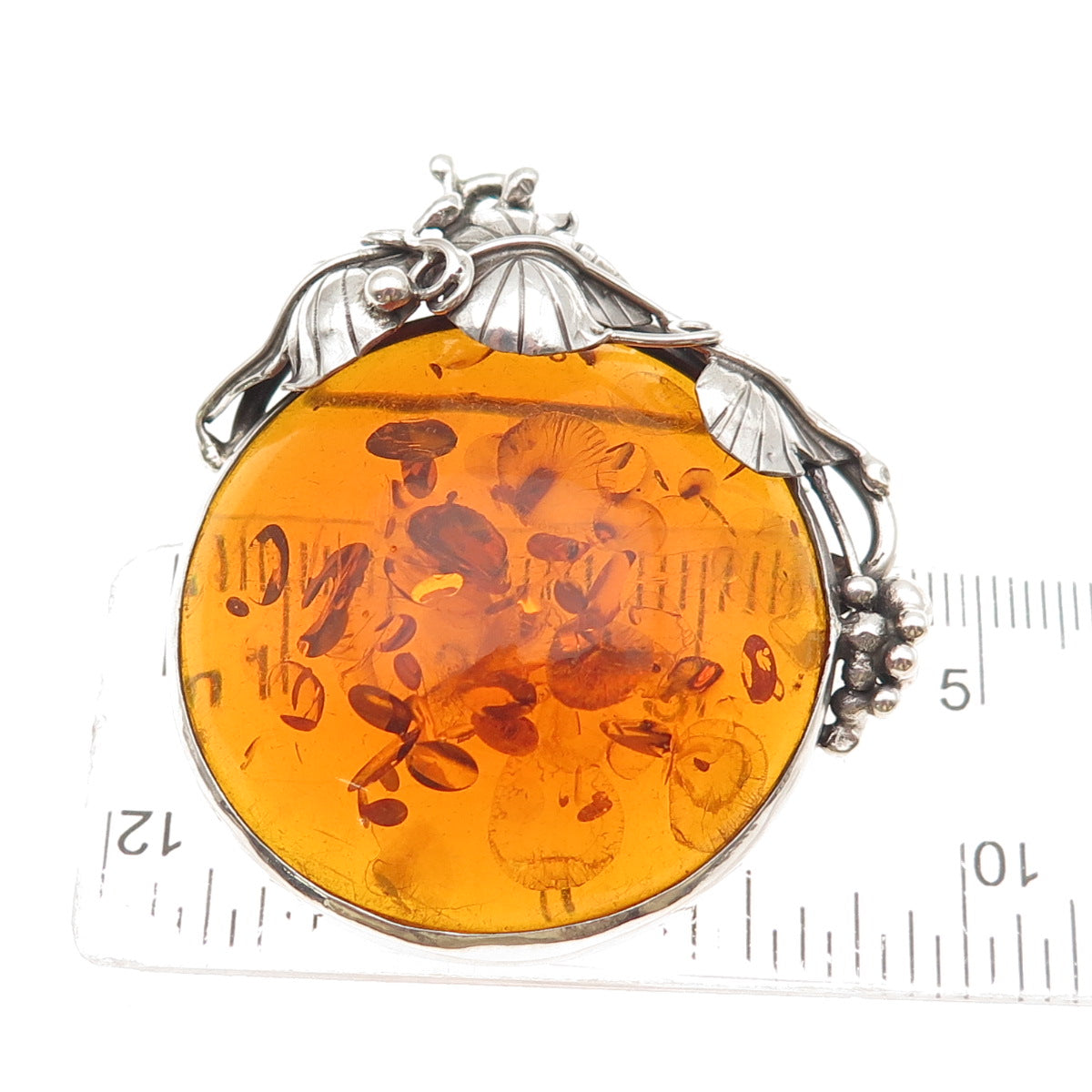 925 Sterling Silver Vintage Real Amber Modernist Floral Oxidized Pin Brooch