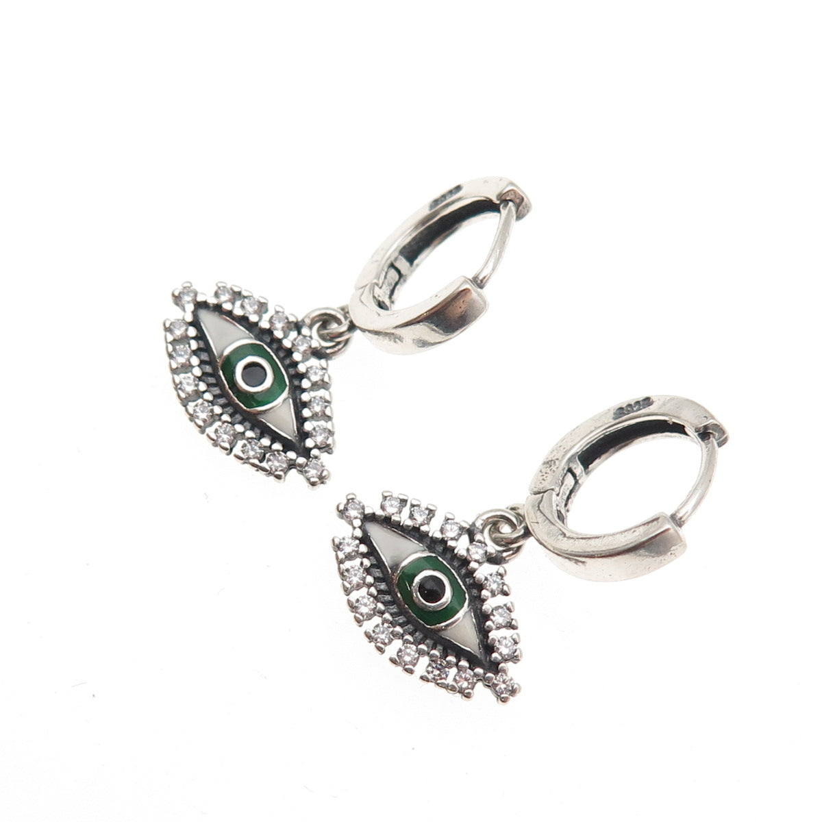 925 Sterling Silver Enamel & C Z Evil's Eye Amulet Dangle Charm Hoop Earrings