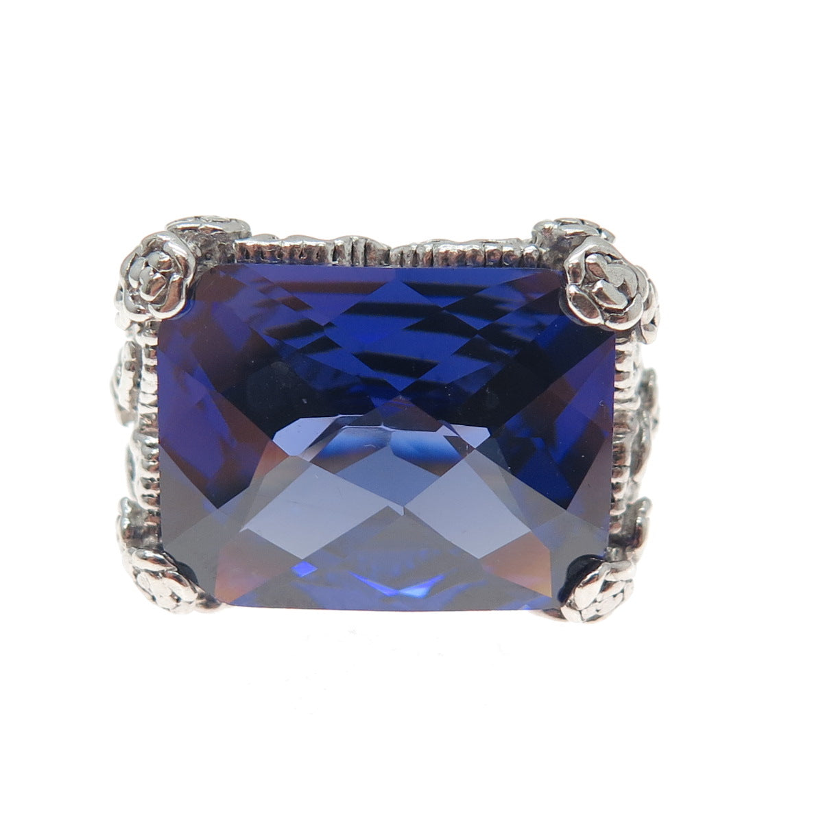 925 Sterling Silver Vintage Blue C Z Rose Flower Ring Size 7.25