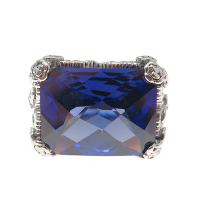 925 Sterling Silver Vintage Blue C Z Rose Flower Ring Size 7.25