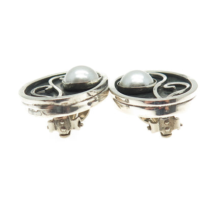 CELIA SEBIRI Sterling Silver Vintage Pearl Modernist Oxidized Clip On Earrings
