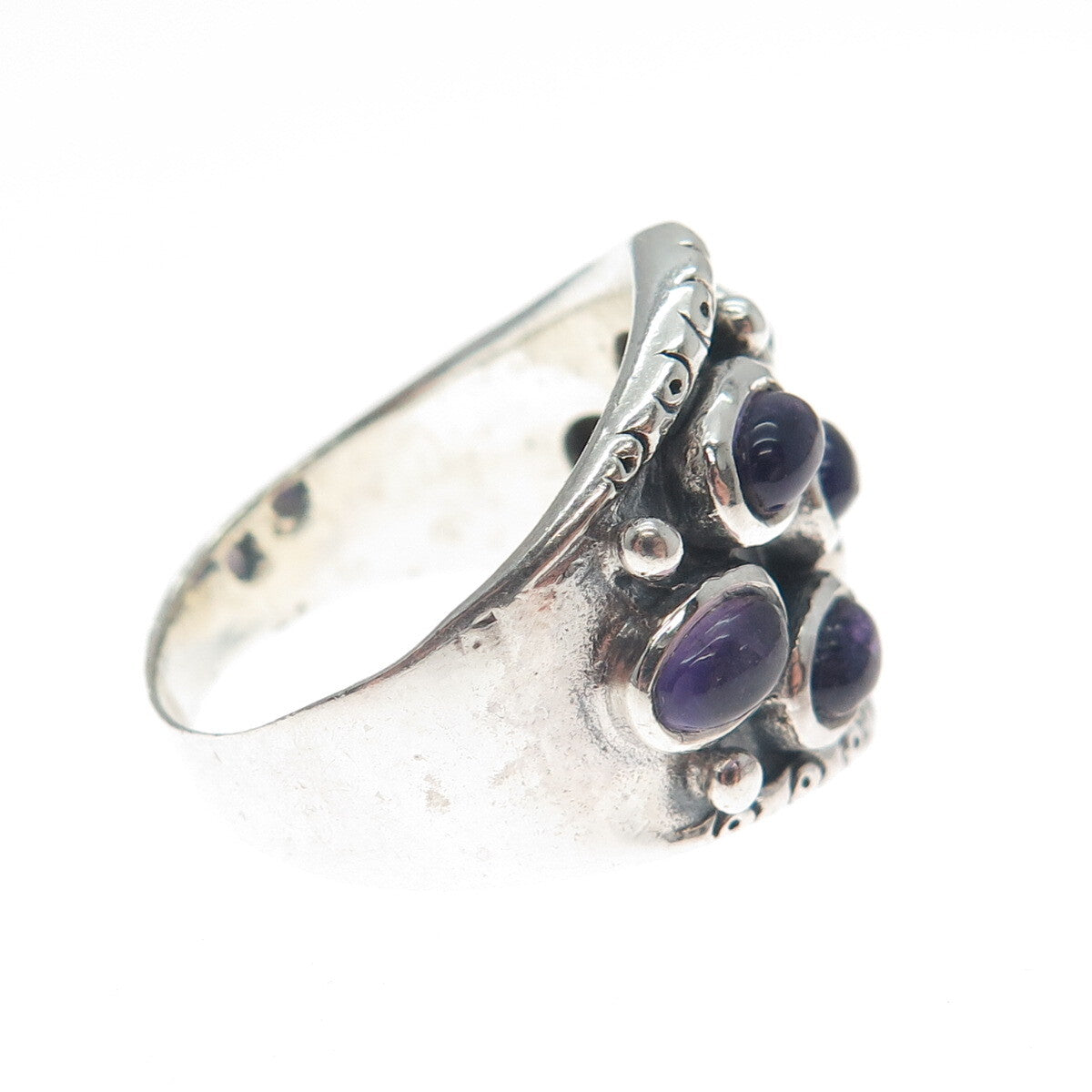925 Sterling Silver Vintage Real Amethyst Modernist Oxidized Ring Size 9
