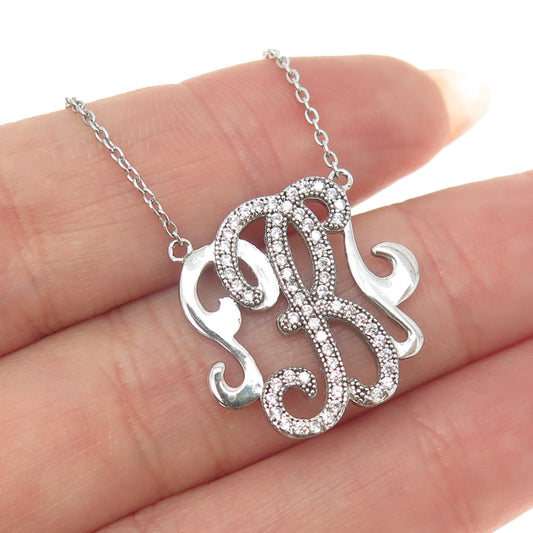 925 Sterling Silver Round-Cut C Z Letter "B" Initial Chain Necklace 16-18"