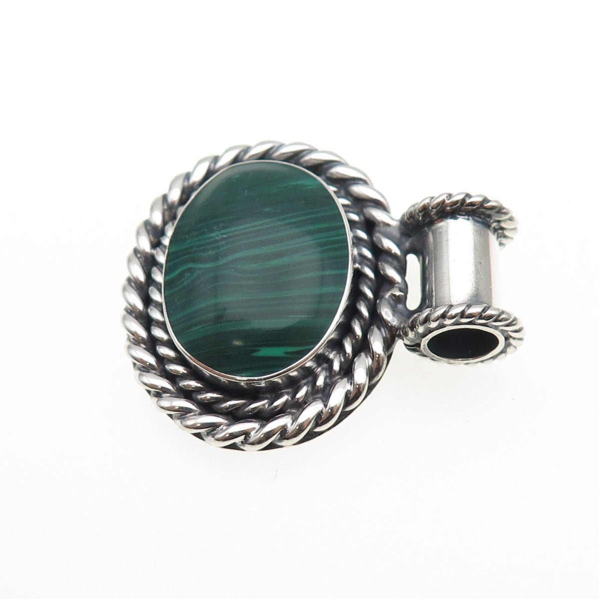 925 Sterling Silver Vintage Mexico Real Malachite Oxidized Slide Pendant