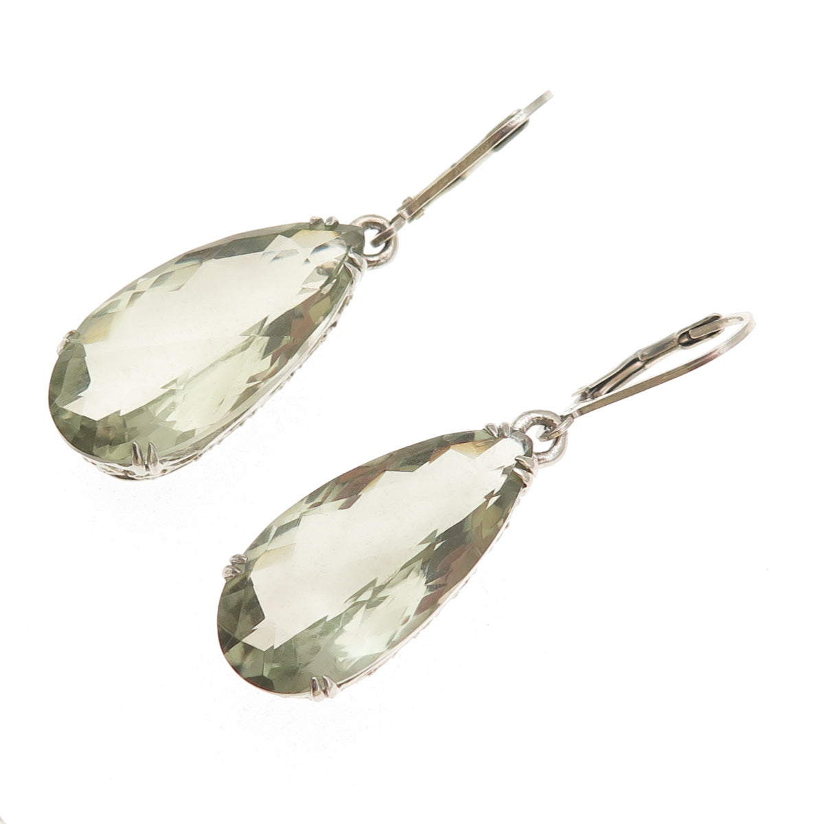 925 Sterling Silver Real Pear-Cut Green Amethyst Dangle Earrings