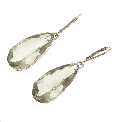 925 Sterling Silver Real Pear-Cut Green Amethyst Dangle Earrings