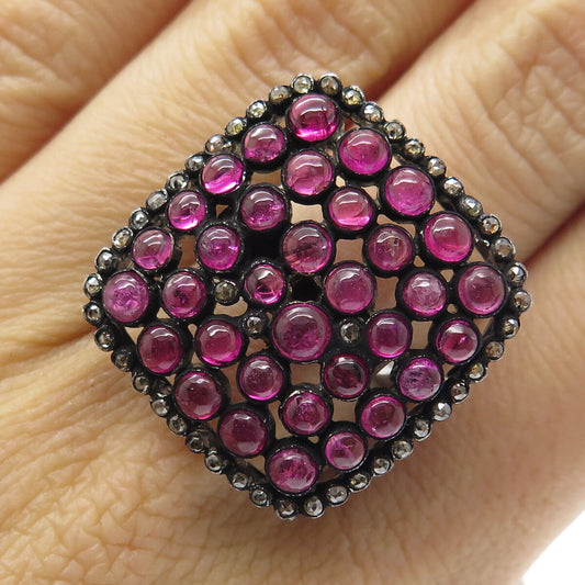 925 Sterling Silver Black Rhodium Real Diamond & Tourmaline Ring Size 7.5