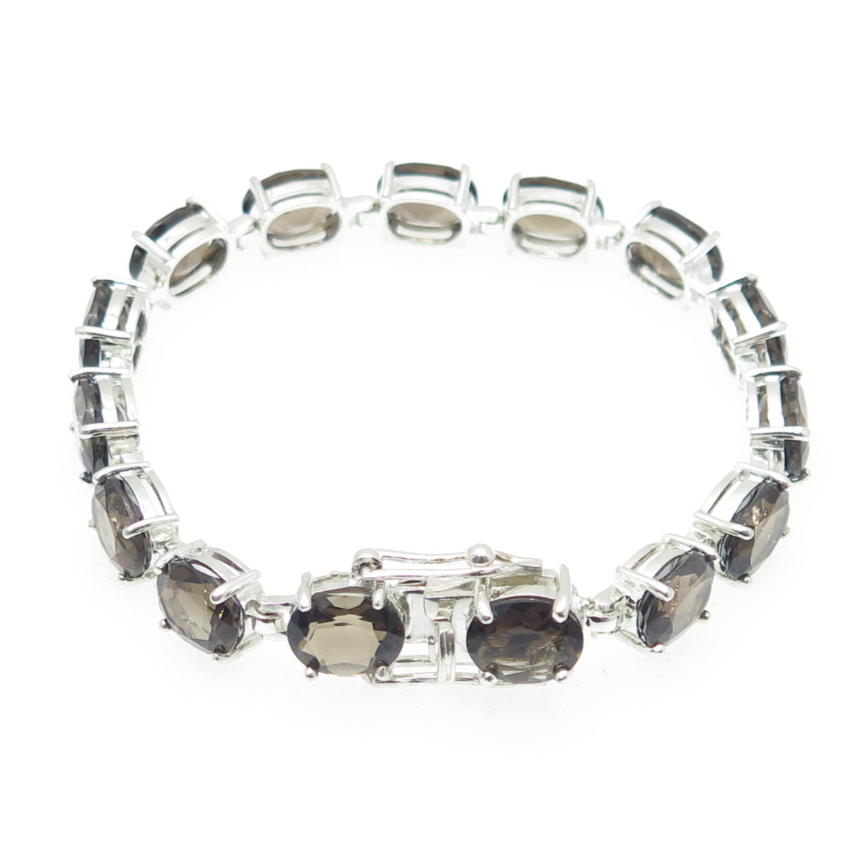 HAN 925 Sterling Silver Real Oval-Cut Smoky Quartz Tennis Link Bracelet 7"