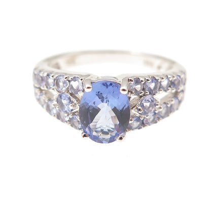 925 Sterling Silver Real Oval & Round-Cut Tanzanite Ring Size 8