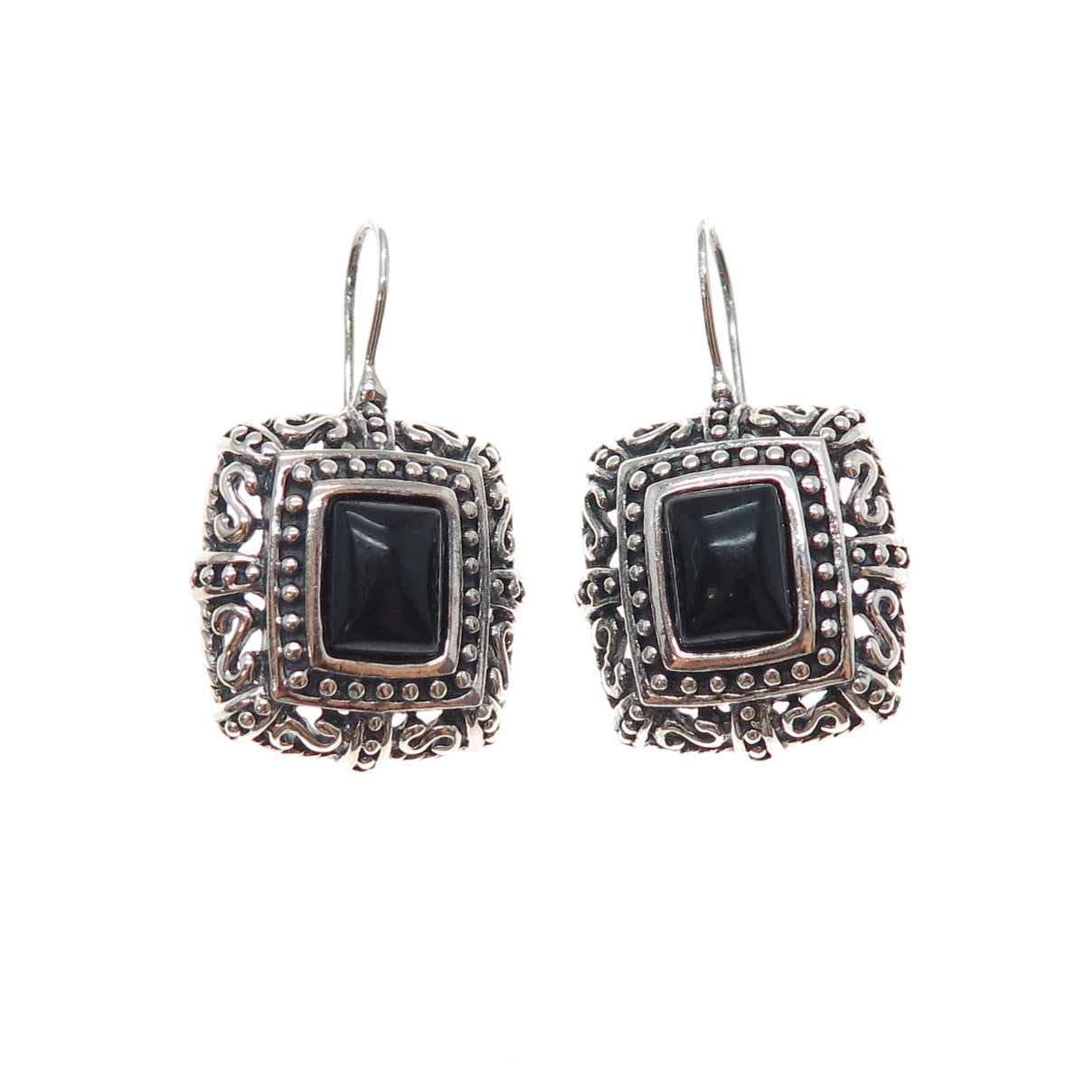 925 Sterling Silver Vintage Real Black Onyx Ornate Oxidized Dangle Earrings