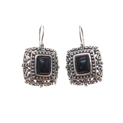 925 Sterling Silver Vintage Real Black Onyx Ornate Oxidized Dangle Earrings