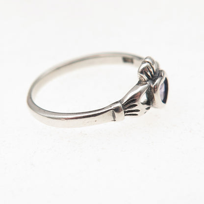 925 Sterling Silver Vintage Lavender C Z Irish Claddagh Oxidized Ring Size 5