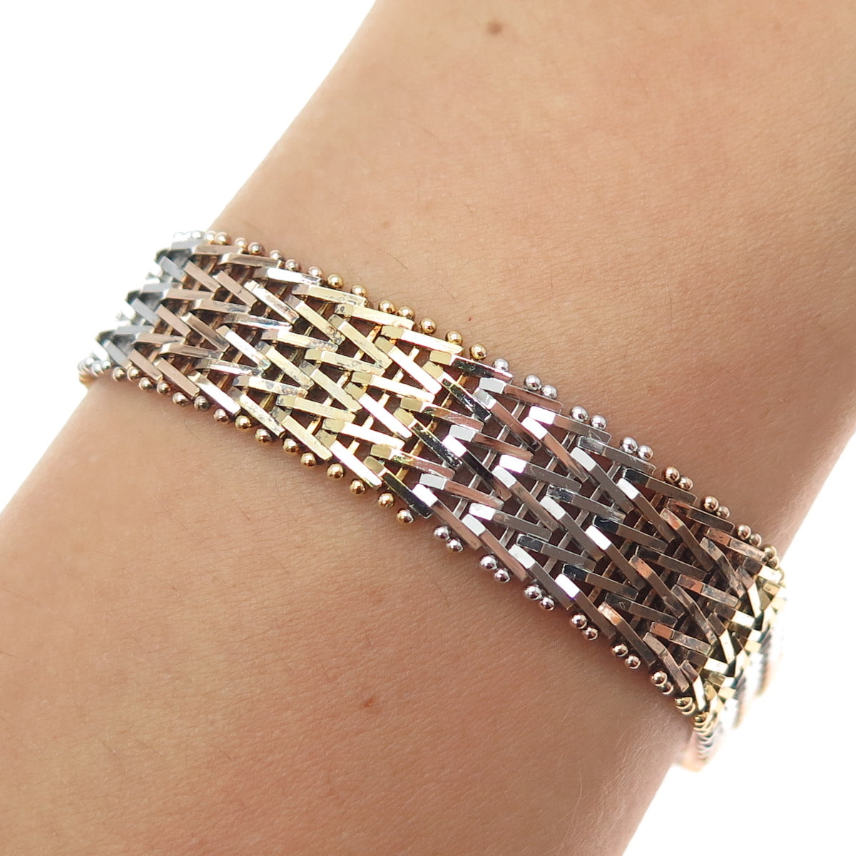 925 Sterling Silver 3-Tone Vintage Italy Chevron Mesh Link Bracelet 7.5"